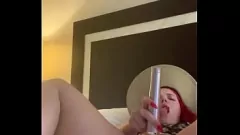 Play A Real Redhead with Blue Eyes Masturbates with a Vibrator on Her Pink Pussy in Cheetah Print